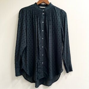 Ann Taylor LOFT Pine Needle Forest Green Ruffle Collar Shirt Swiss Dot Medium